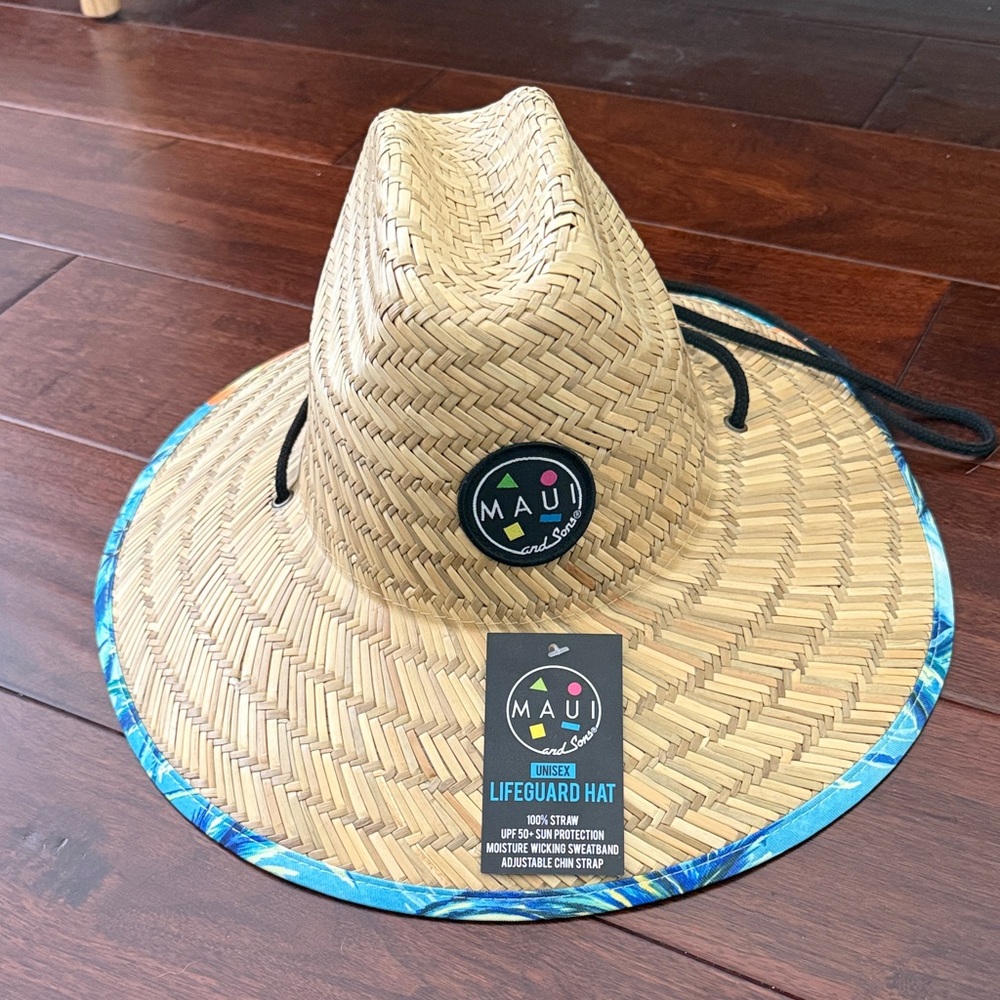 NEW Maui & Sons Straw Lifeguard Hat with Blue Trim, Hawaii exclusive